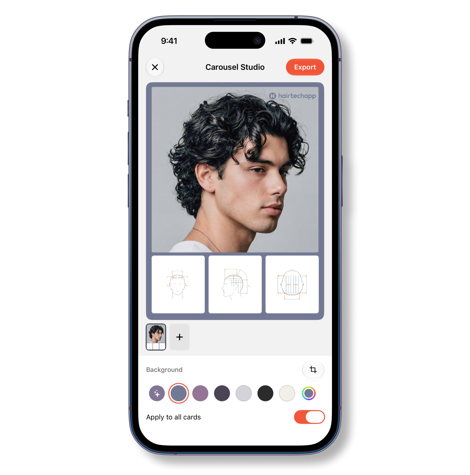 Carousel Studio in Hairtechapp: building a swipeable haircut diagram carousel for Instagram