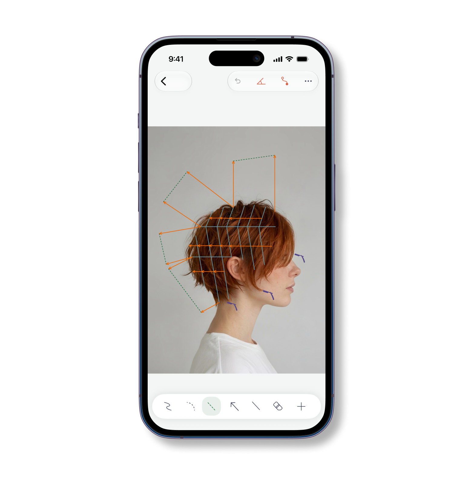 Drawing a haircut diagram directly on a client photo in Hairtechapp