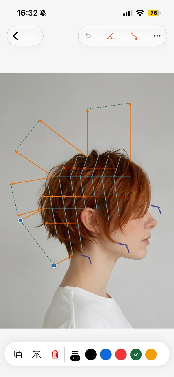 Hairtechapp on iPhone: cutting lines and elevation drawn over a client photo
